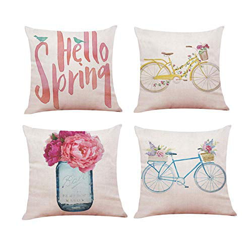 Set of 4 spring summer flower bike print cushion pillow cover set